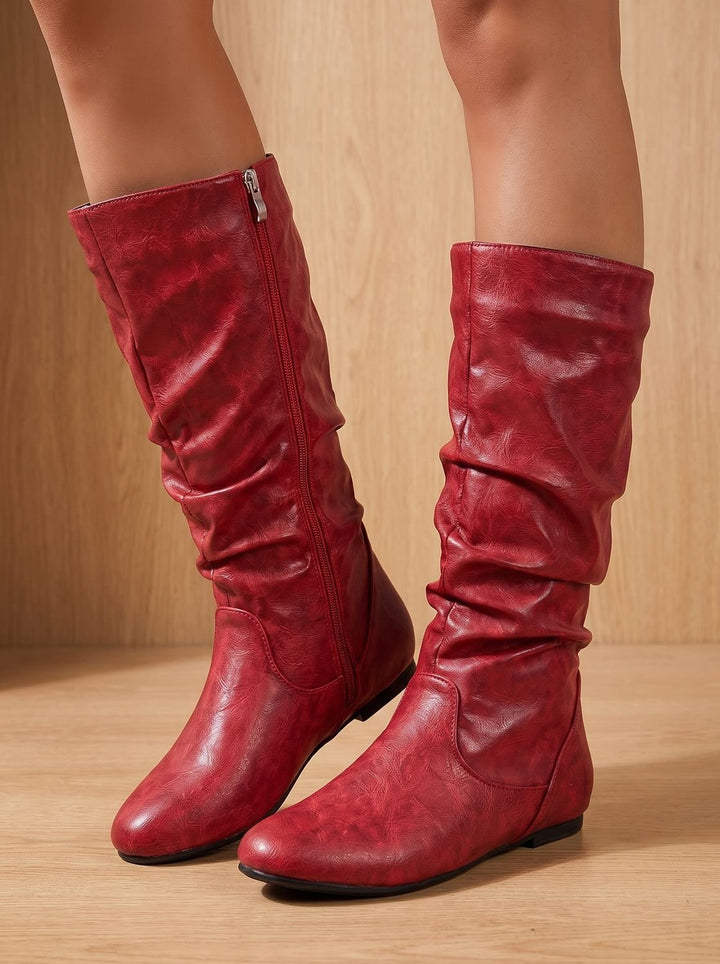 Aria | Women's Flat Knee High Boots Gathered-Shaft Side-Zip Round-Toe