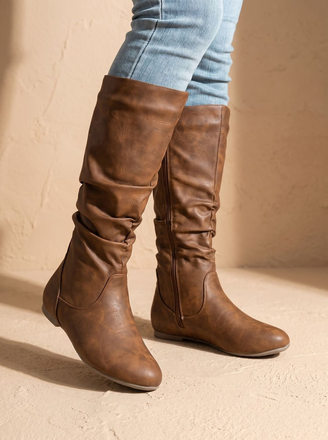 Aria | Women's Flat Knee High Boots Gathered-Shaft Side-Zip Round-Toe