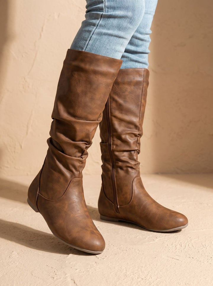 Aria | Women's Flat Knee High Boots Gathered-Shaft Side-Zip Round-Toe