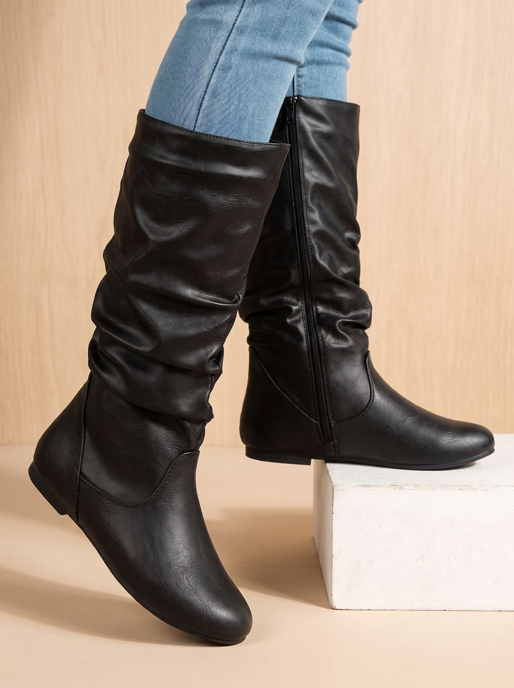 Aria | Women's Flat Knee High Boots Gathered-Shaft Side-Zip Round-Toe