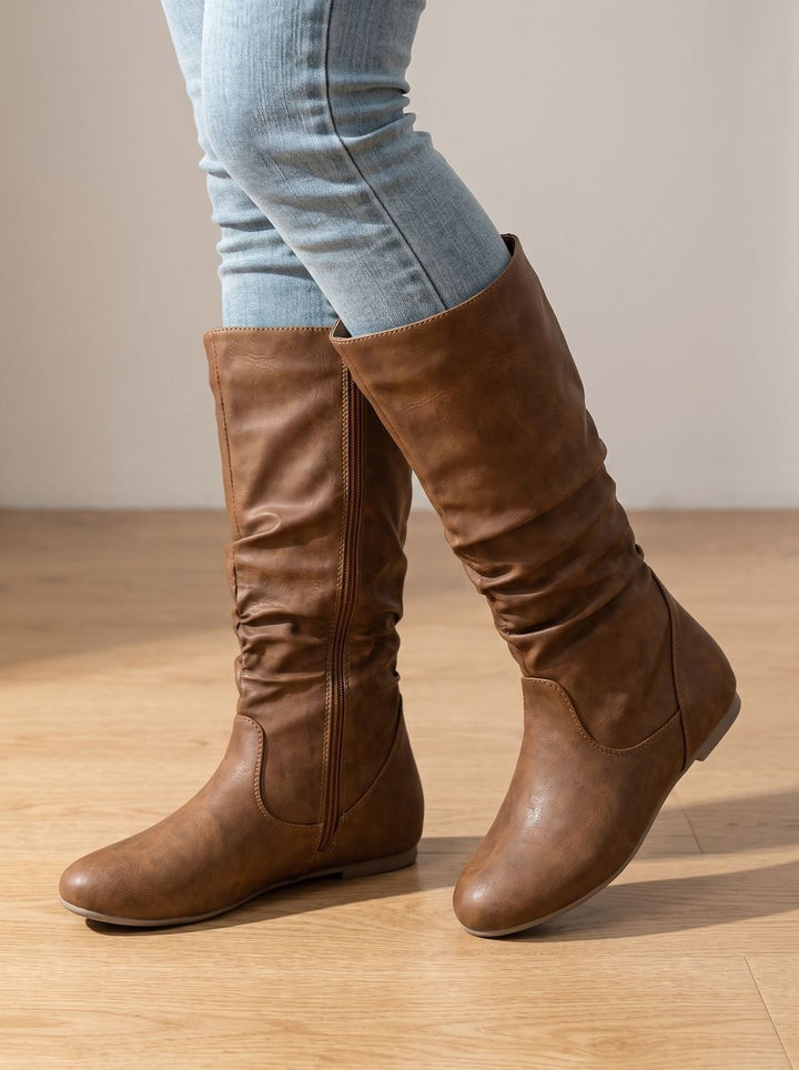Aria | Women's Flat Knee High Boots Gathered-Shaft Side-Zip Round-Toe
