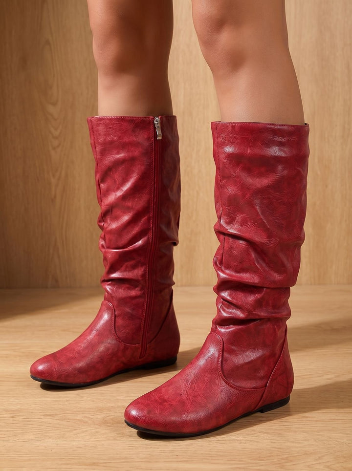 Aria | Women's Flat Knee High Boots Gathered-Shaft Side-Zip Round-Toe