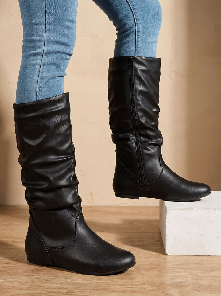 Aria | Women's Flat Knee High Boots Gathered-Shaft Side-Zip Round-Toe