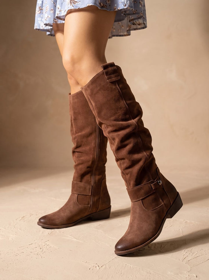 Scarlett | Women's Flat Slouchy Knee High Boots Side Zip Suede