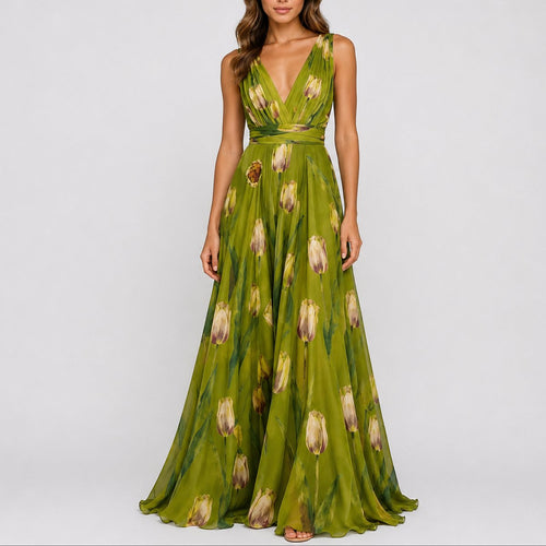 Isabella | Women's Floral Chiffon V-Neck Fall Wedding Guest Maxi Dress