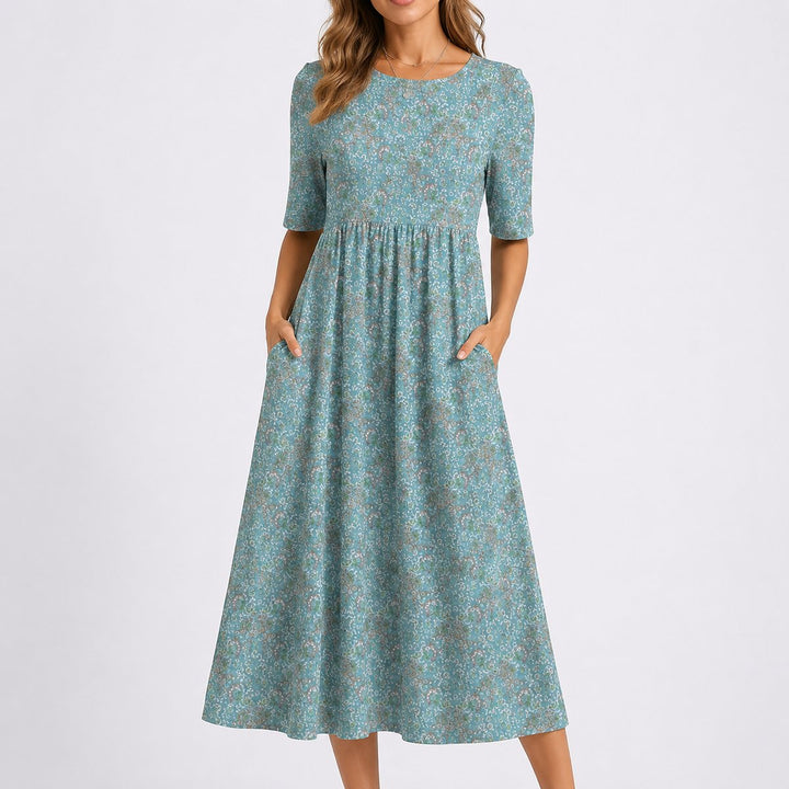 Penelope | Women's Floral Midi Fall Wedding Guest Dress Gathered Waist