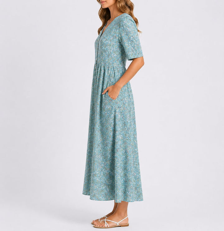 Penelope | Women's Floral Midi Fall Wedding Guest Dress Gathered Waist