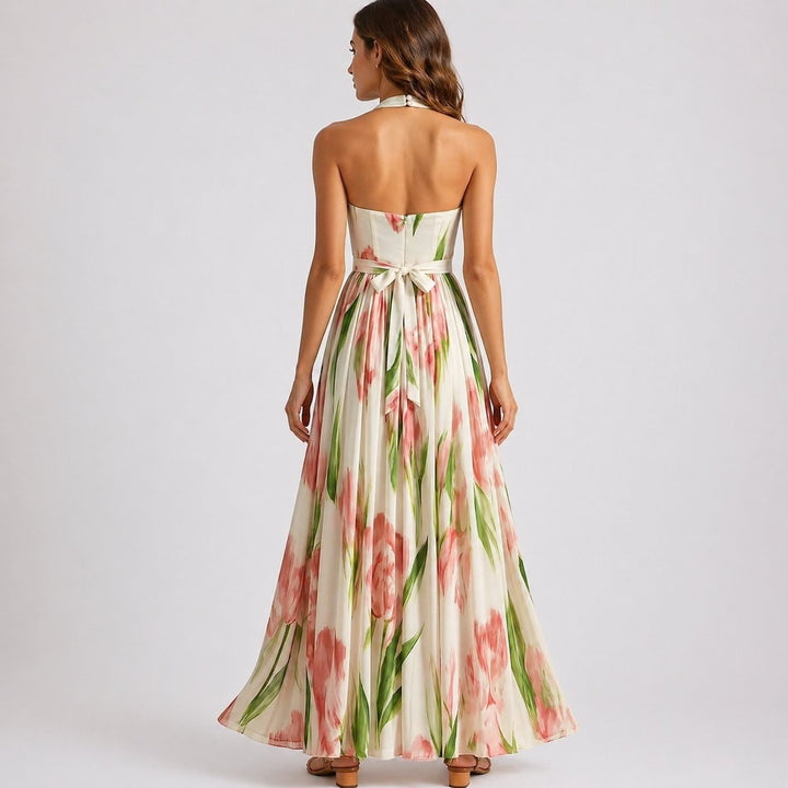 Emma | Women's Halter Neck Watercolor Floral Maxi Fall Wedding Guest Dress
