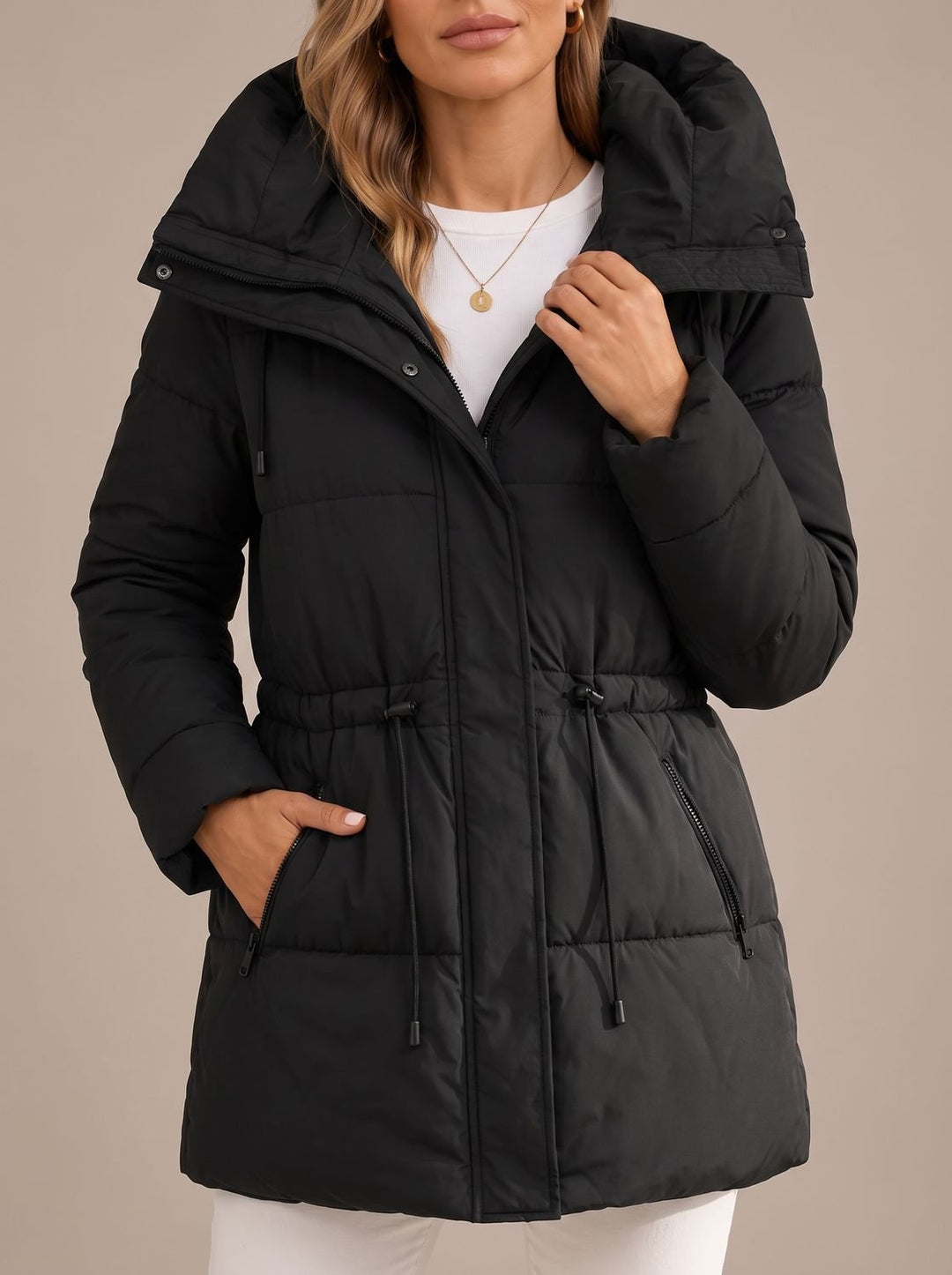 Sophia | Women's Hooded Puffer Jacket Drawstring-Waist Quilted Coat