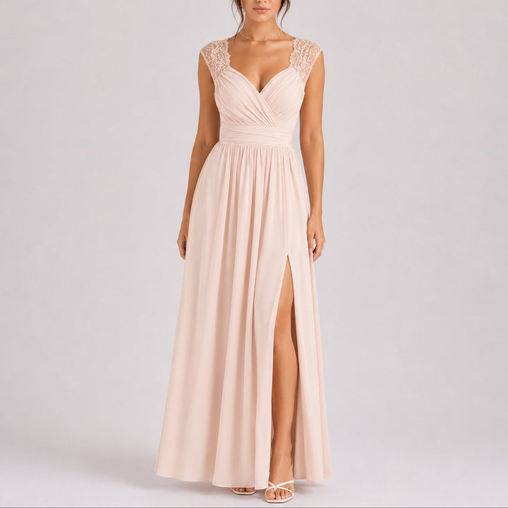 Camila | Women's Lace Shoulder Wrap-Bodice Side-Slit Fall Wedding Guest Dresses
