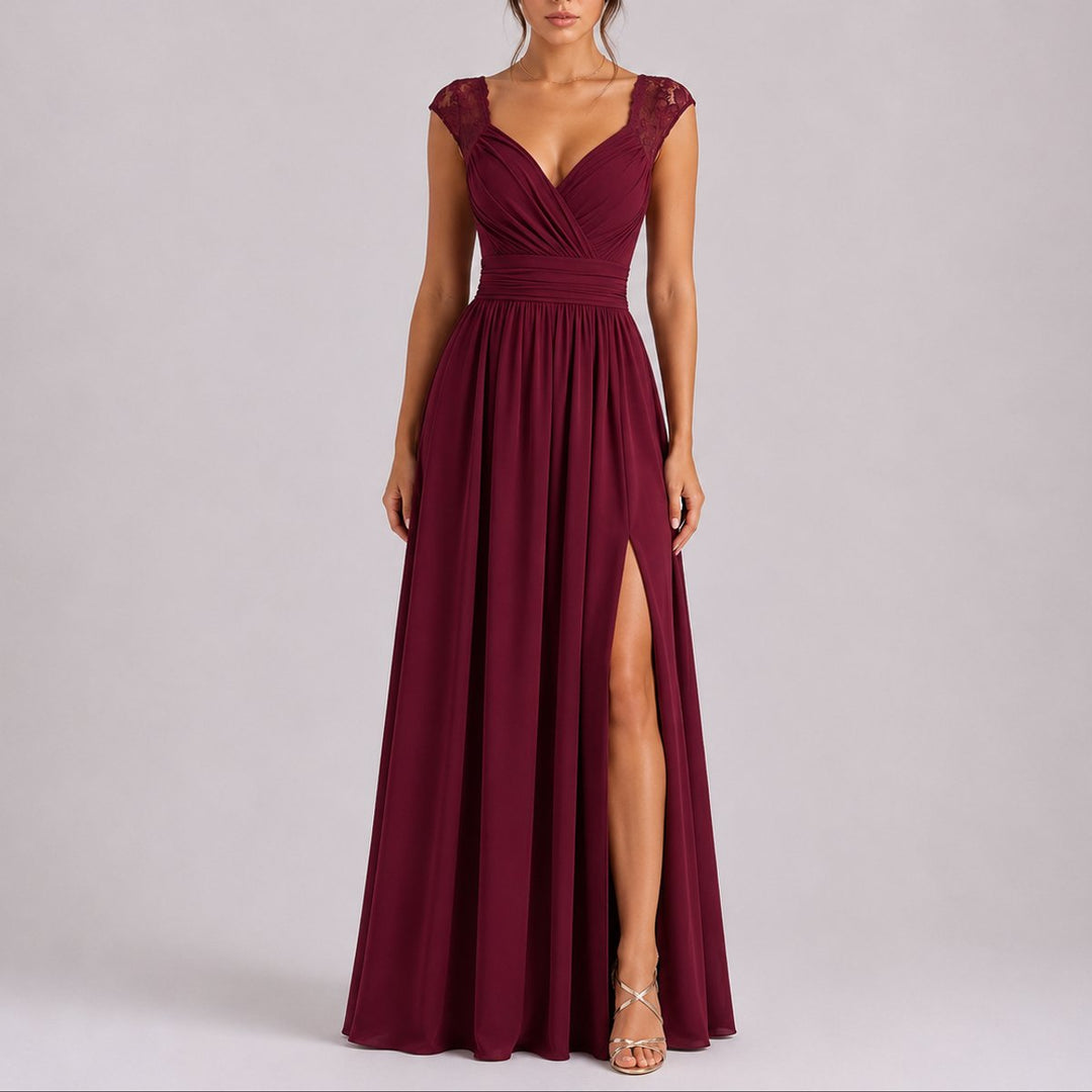 Camila | Women's Lace Shoulder Wrap-Bodice Side-Slit Fall Wedding Guest Dresses