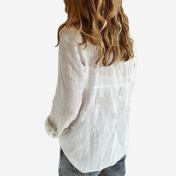 Women's Linen-Blend Blouse with Button Front and Roll-Tab Sleeves