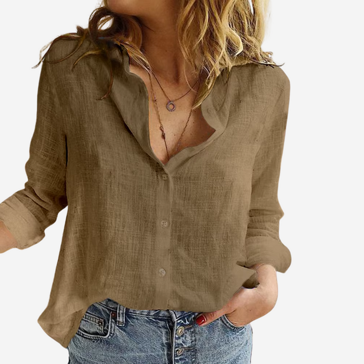Women's Linen-Blend Blouse with Button Front and Roll-Tab Sleeves