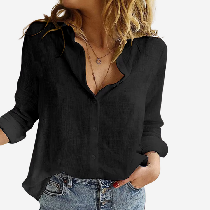 Women's Linen-Blend Blouse with Button Front and Roll-Tab Sleeves