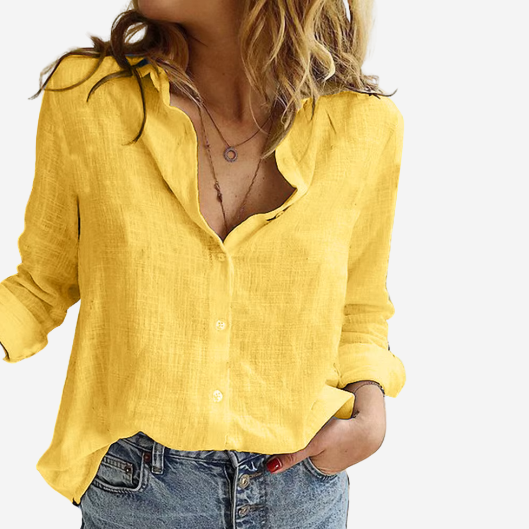 Women's Linen-Blend Blouse with Button Front and Roll-Tab Sleeves