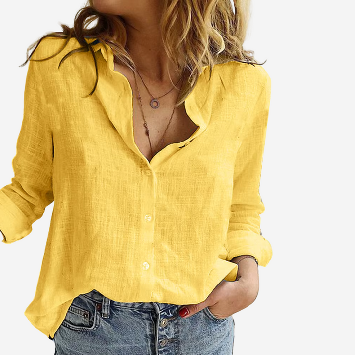 Women's Linen-Blend Blouse with Button Front and Roll-Tab Sleeves