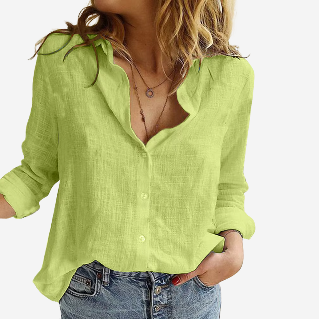 Women's Linen-Blend Blouse with Button Front and Roll-Tab Sleeves