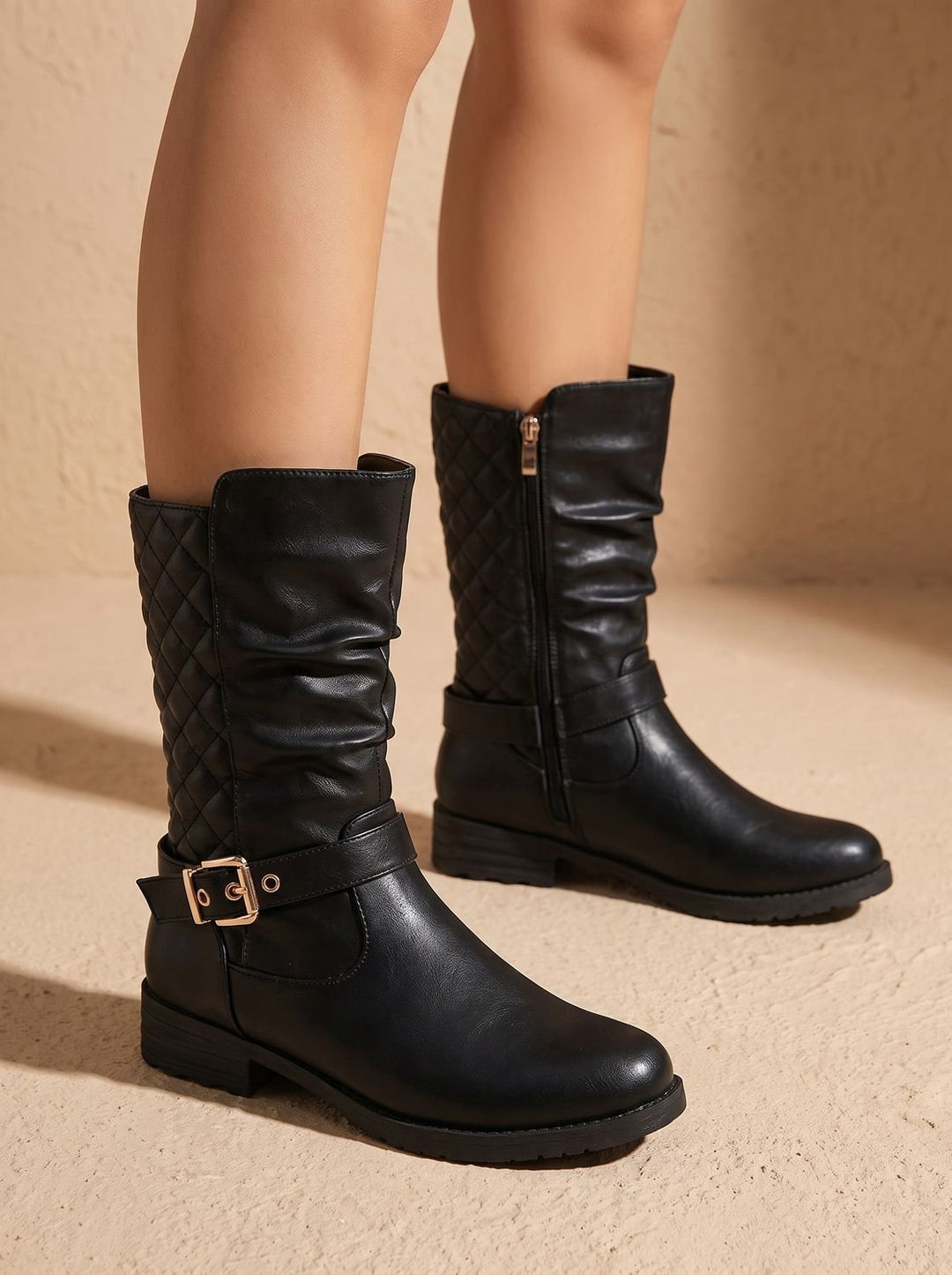 Aria | Women's Mid-Calf Slouch Boots Low Block Heel Gold Buckle