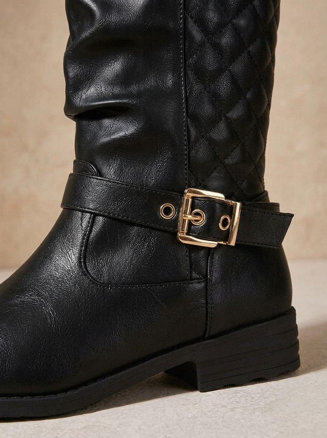 Aria | Women's Mid-Calf Slouch Boots Low Block Heel Gold Buckle