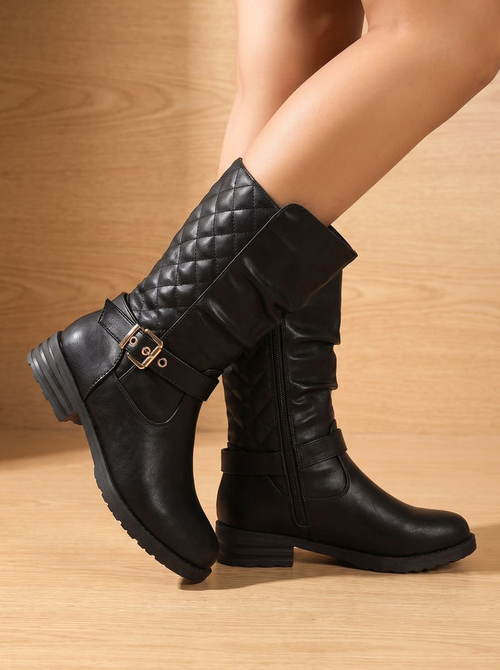 Aria | Women's Mid-Calf Slouch Boots Low Block Heel Gold Buckle