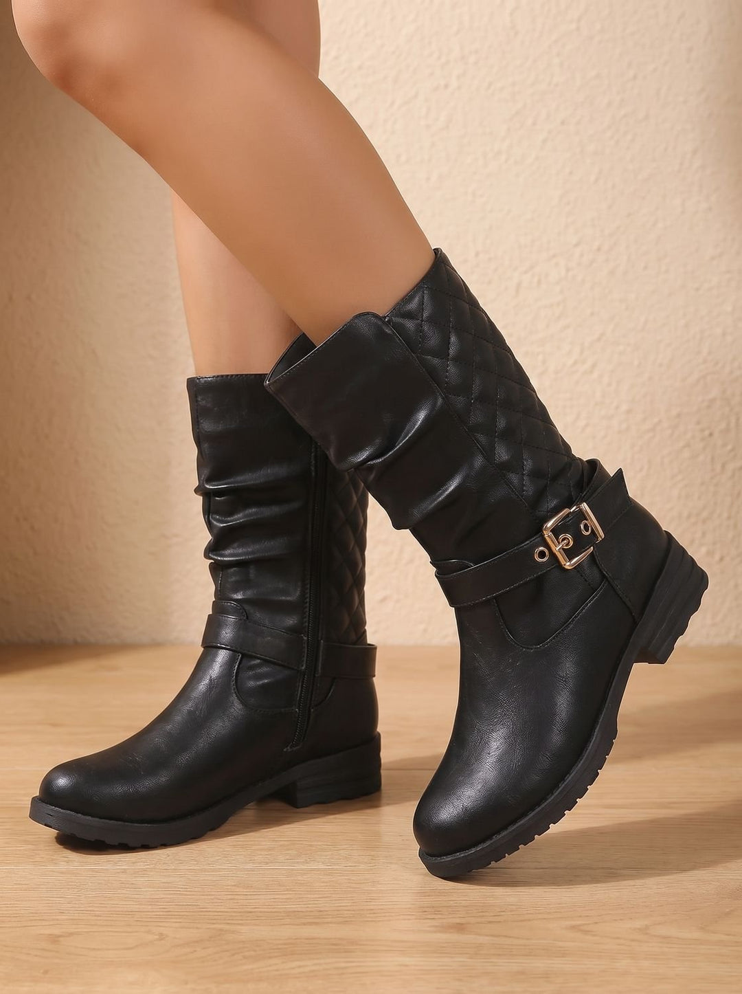 Aria | Women's Mid-Calf Slouch Boots Low Block Heel Gold Buckle