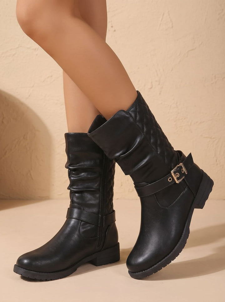 Aria | Women's Mid-Calf Slouch Boots Low Block Heel Gold Buckle