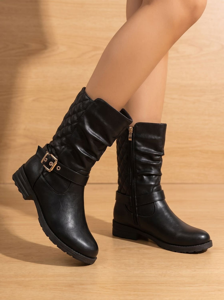 Aria | Women's Mid-Calf Slouch Boots Low Block Heel Gold Buckle
