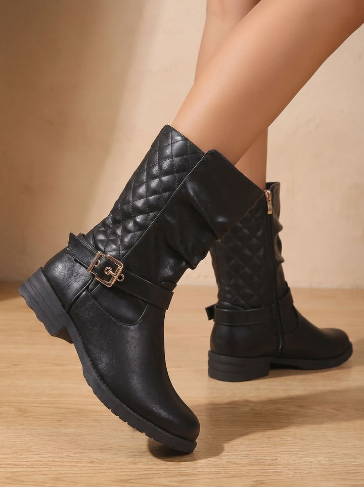 Aria | Women's Mid-Calf Slouch Boots Low Block Heel Gold Buckle