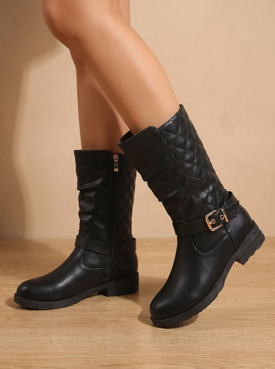 Aria | Women's Mid-Calf Slouch Boots Low Block Heel Gold Buckle