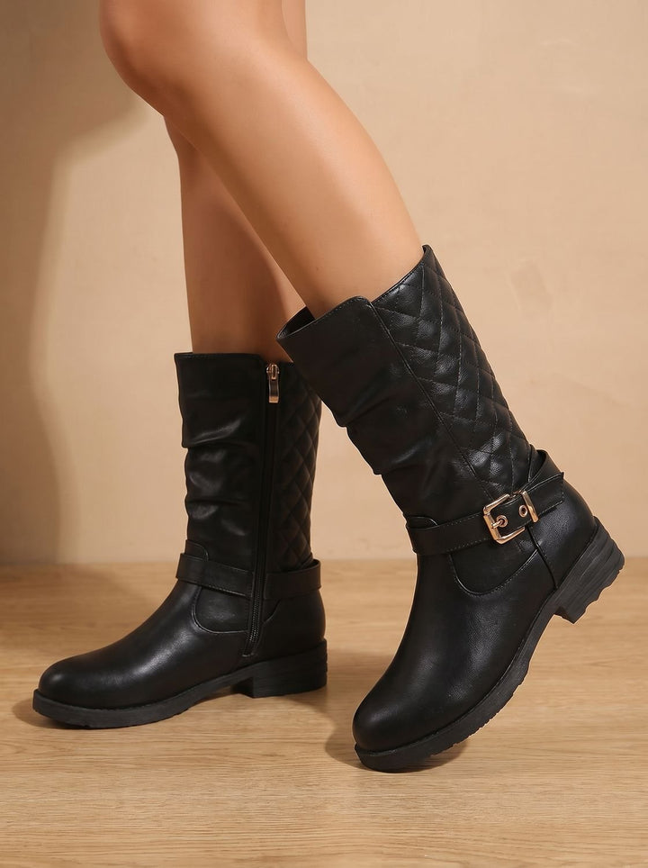 Aria | Women's Mid-Calf Slouch Boots Low Block Heel Gold Buckle