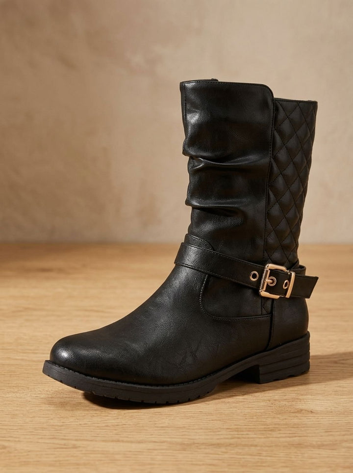 Aria | Women's Mid-Calf Slouch Boots Low Block Heel Gold Buckle