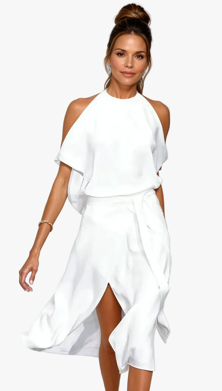 Women's Midi Dress with Halter Neckline and Cold Shoulder Sleeves
