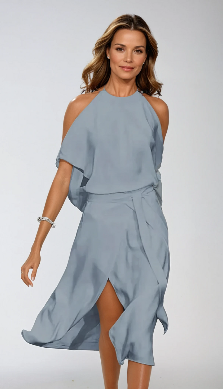 Women's Midi Dress with Halter Neckline and Cold Shoulder Sleeves