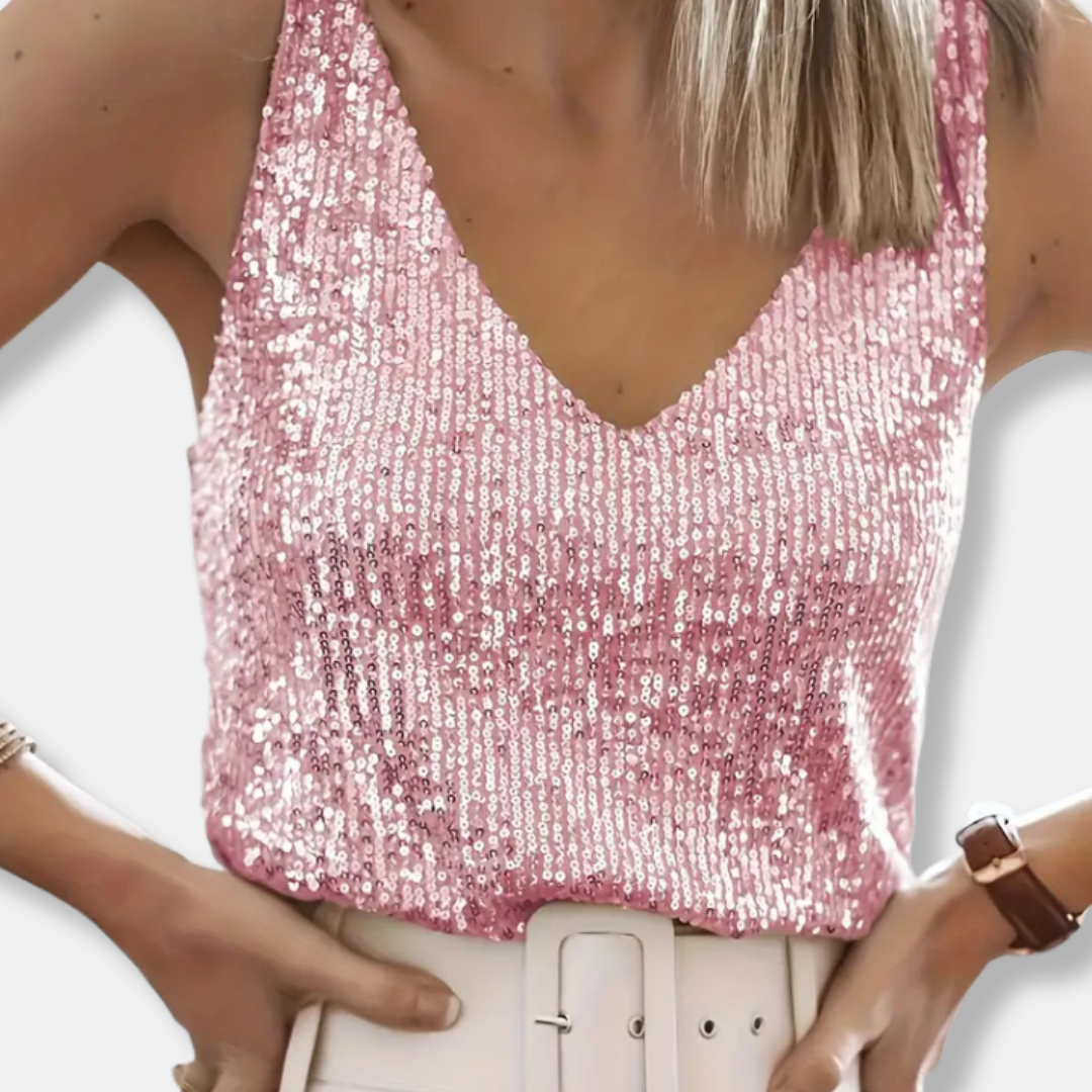 Women's Sequin Top with V Neck and Wide Straps