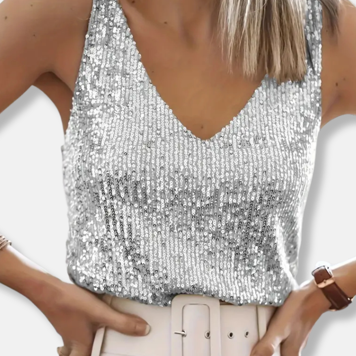 Women's Sequin Top with V Neck and Wide Straps