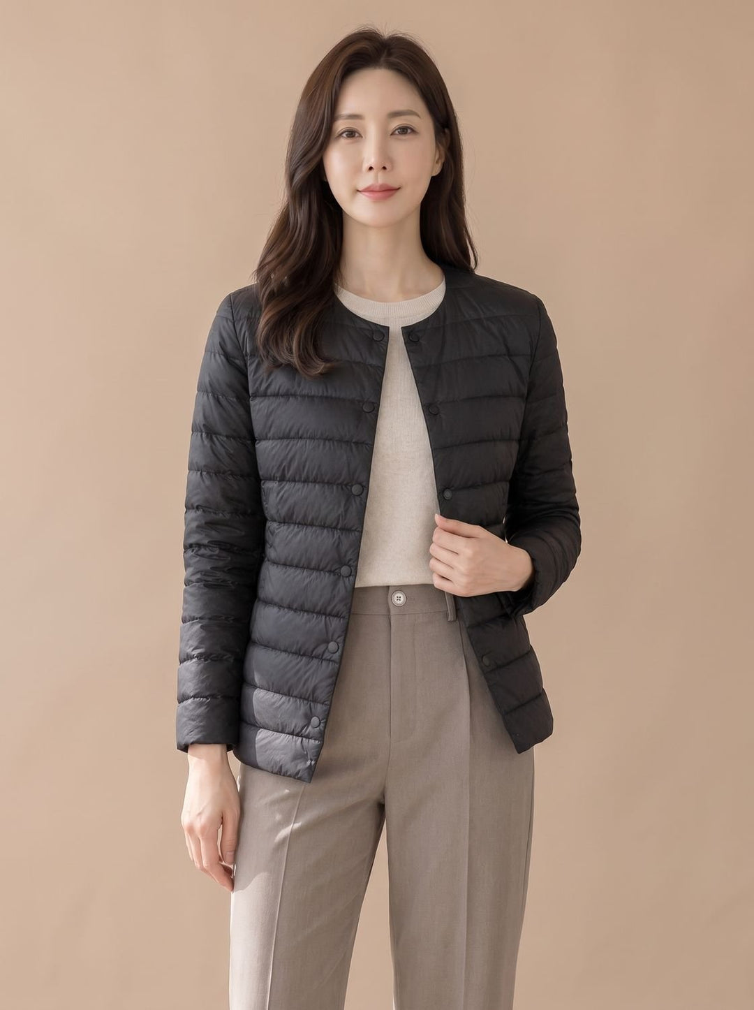 Grace | Women's Slim-Fit Collarless Snap-Button Quilted Puffer Jacket