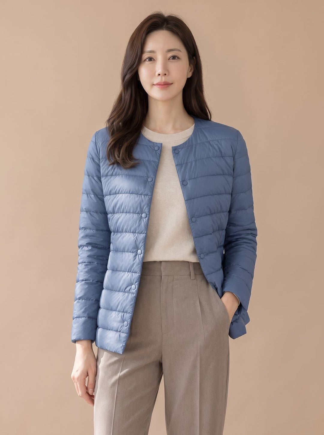Grace | Women's Slim-Fit Collarless Snap-Button Quilted Puffer Jacket