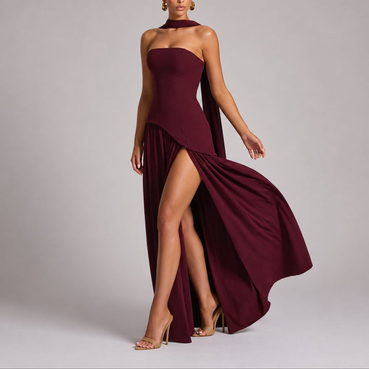 Camila | Women's Strapless Open-Back Scarf-Neck Fall Wedding Guest Maxi Dress
