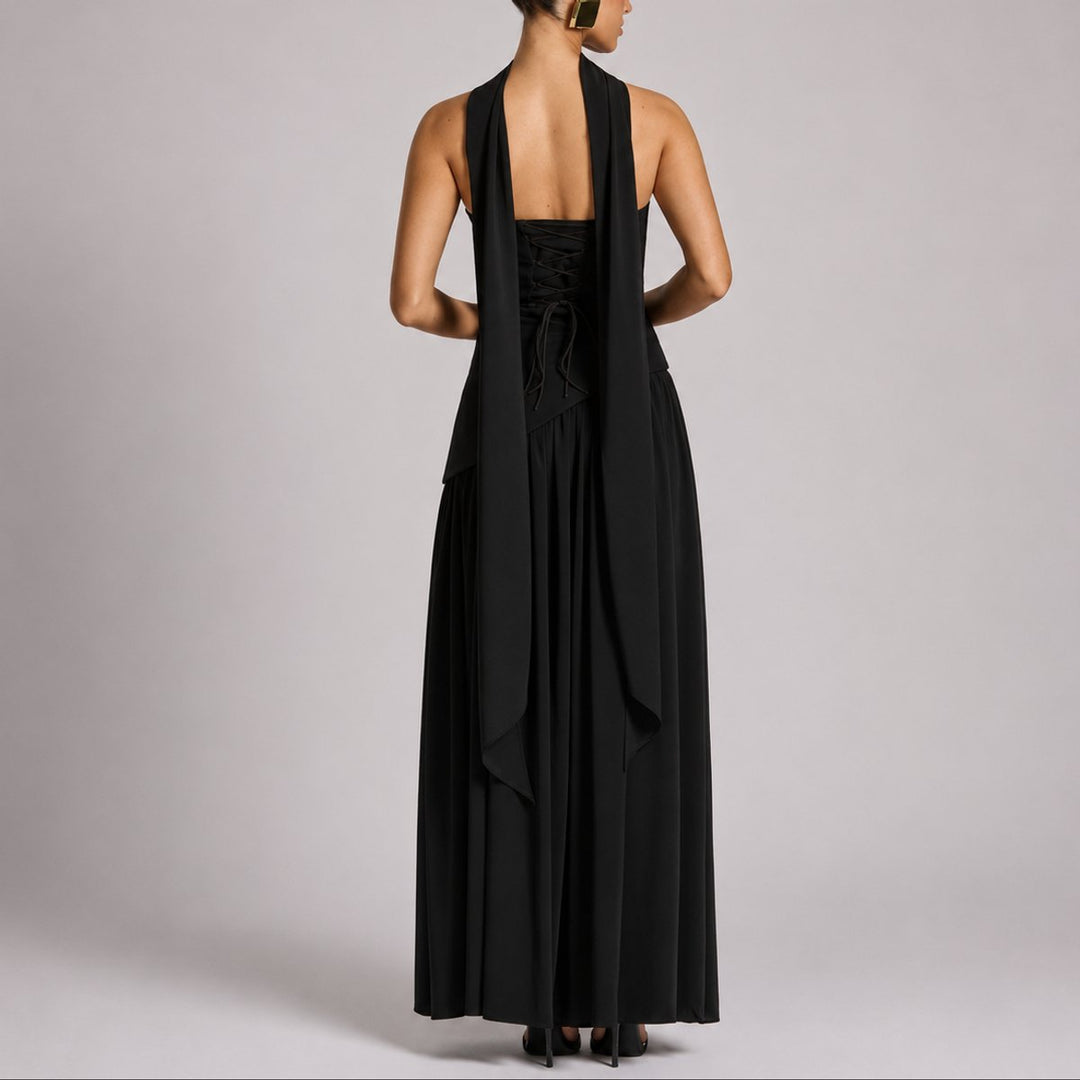 Camila | Women's Strapless Open-Back Scarf-Neck Fall Wedding Guest Maxi Dress