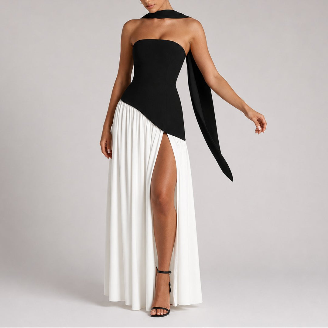 Camila | Women's Strapless Open-Back Scarf-Neck Fall Wedding Guest Maxi Dress