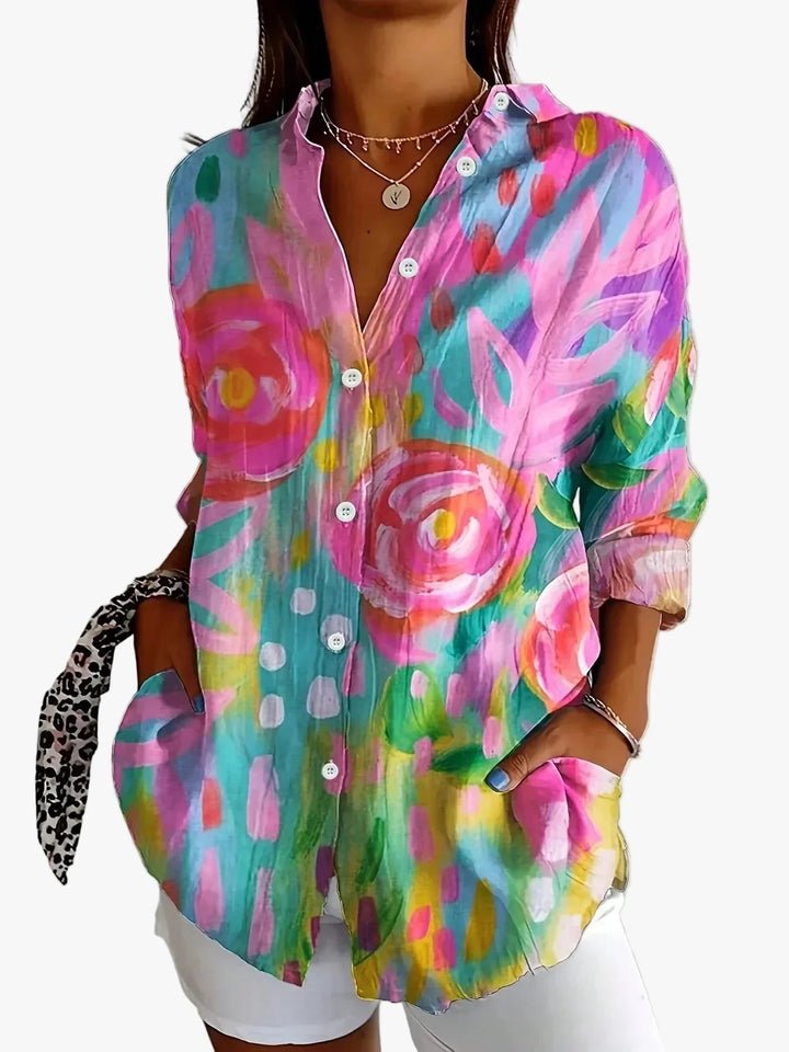 Women's Woven Printed Blouse with Button Front and Roll-Tab Sleeves