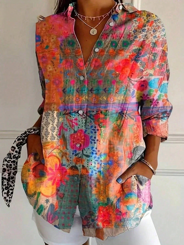 Women's Woven Printed Blouse with Button Front and Roll-Tab Sleeves