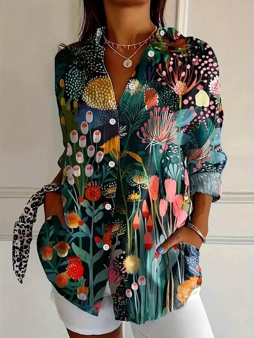 Women's Woven Printed Blouse with Button Front and Roll-Tab Sleeves