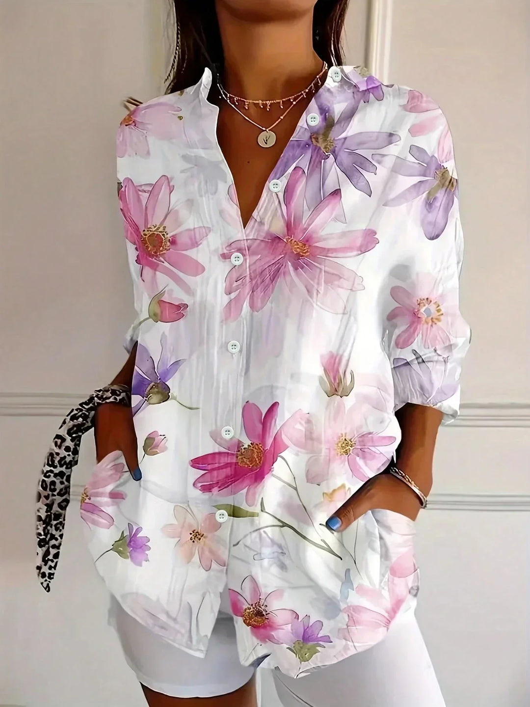 Women's Woven Printed Blouse with Button Front and Roll-Tab Sleeves