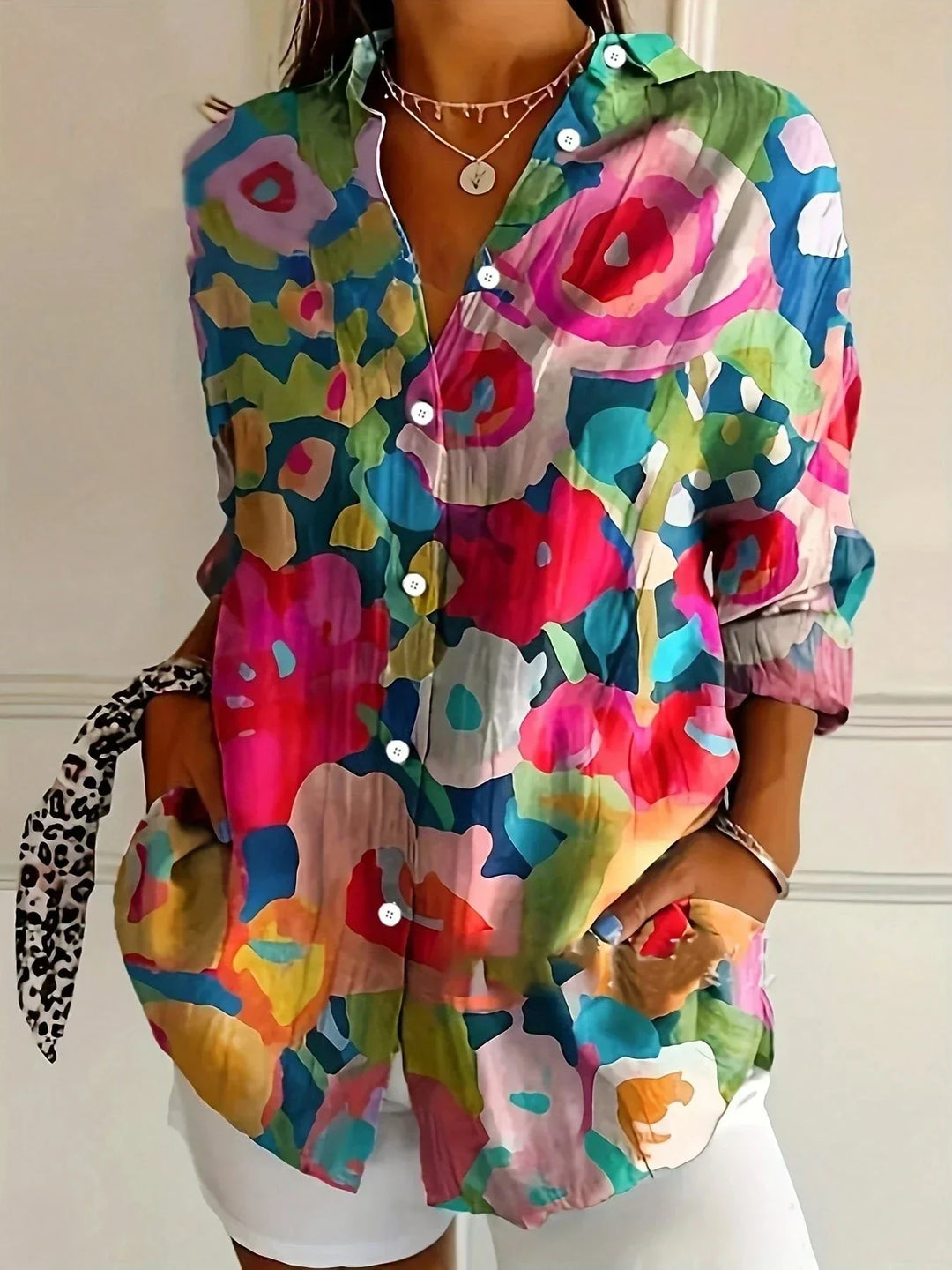 Women's Woven Printed Blouse with Button Front and Roll-Tab Sleeves