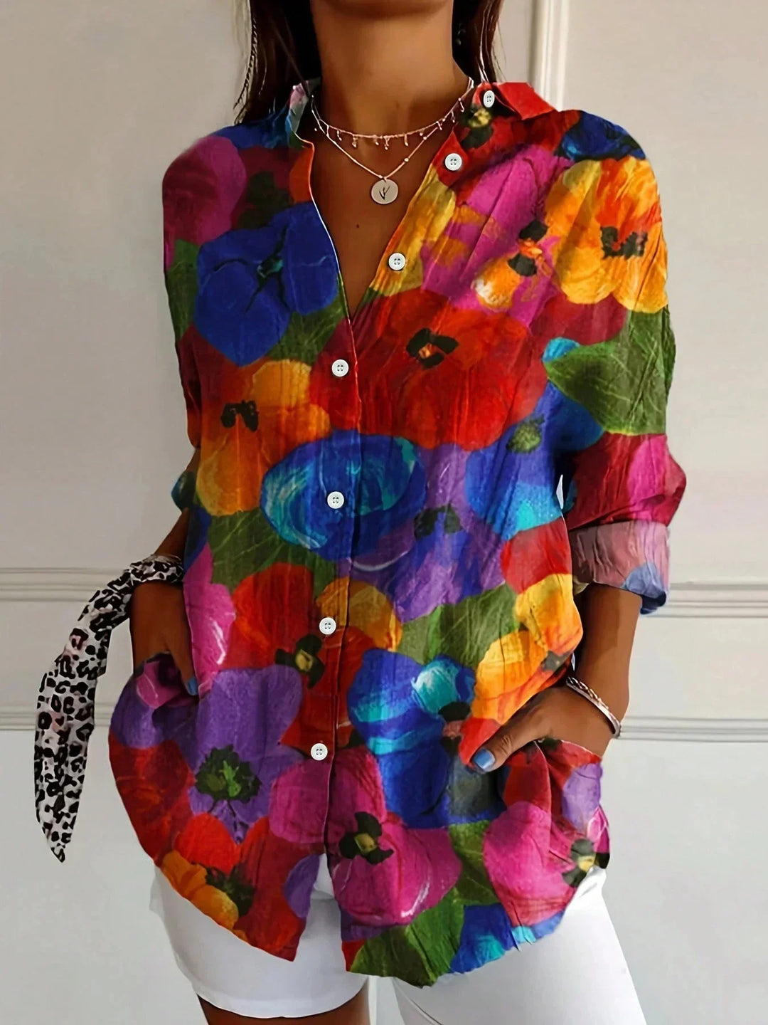 Women's Woven Printed Blouse with Button Front and Roll-Tab Sleeves