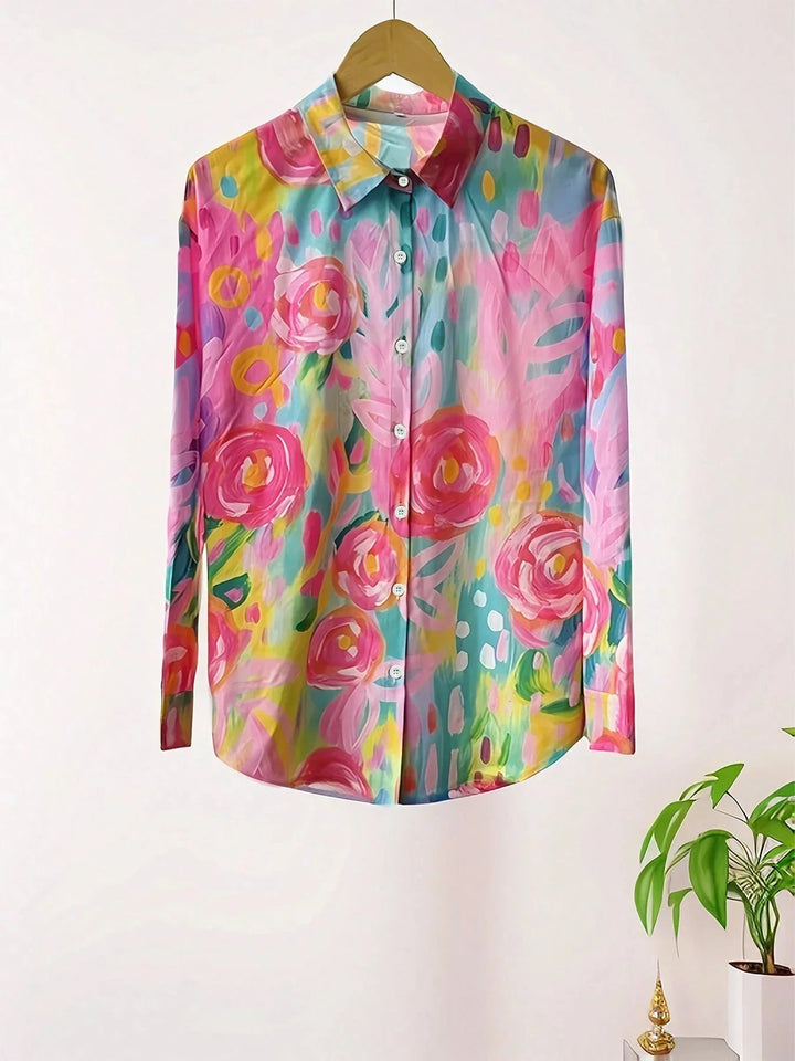 Women's Woven Printed Blouse with Button Front and Roll-Tab Sleeves